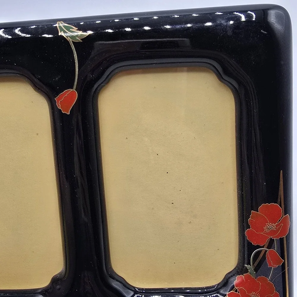 Vintage Double Photo Frame Black Ceramic Red Flowers Bird Japan Holds 4.5x3